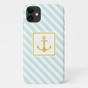 Trendy Nautical Stripes Faux Glitter Anchor iPhone 11 Case