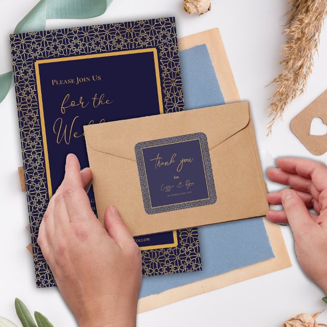 Trendy Navy and Gold Design Wedding Thank you  Square Sticker (Trendy Navy and Gold Design Wedding Thank you Square Sticker)