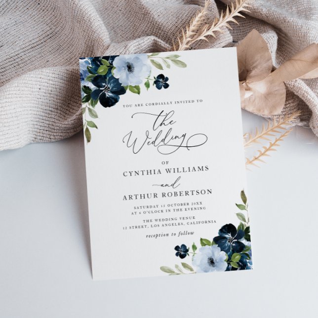 Trendy Navy and light blue floral script wedding Invitation (Creator Uploaded)