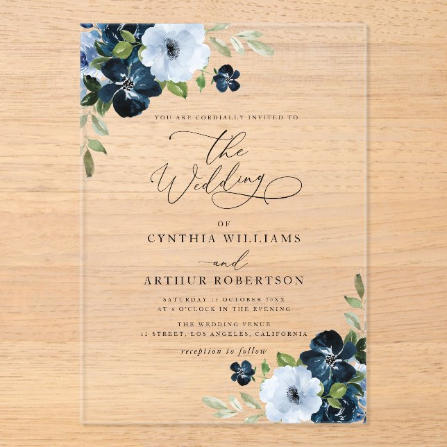 Trendy Navy and light blue wedding Acrylic Invitations (Front)