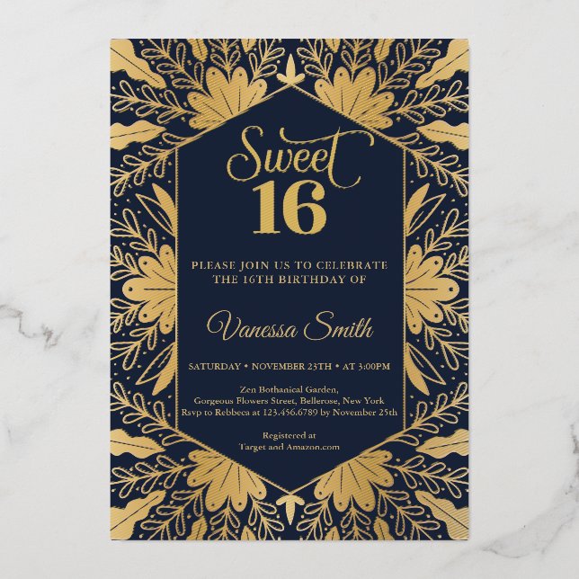 Trendy navy and real gold foil sweet sixteen foil  (Front)