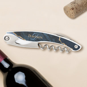 Trendy Navy Blue Agate Gold Glitter Monogram Corkscrew