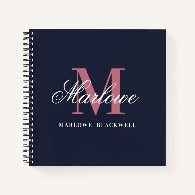 Trendy Navy Blue Blush Pink Monogram Calligraphy Notebook (Front)