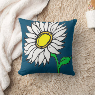 Trendy Navy Blue Daisy Sunflower Yellow White Throw Pillow