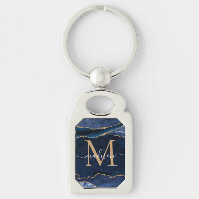 Trendy Navy Blue Gold Agate Geode Glitter Monogram Keychain (Front)