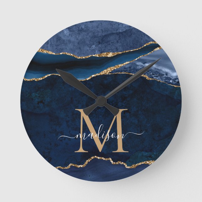 Trendy Navy Blue Gold Agate Geode Glitter Monogram Round Clock (Front)