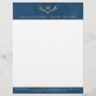 Trendy Navy Blue & Gold Foil Monogram Wreath Letterhead