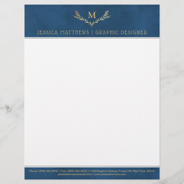 Trendy Navy Blue & Gold Foil Monogram Wreath Letterhead (Front)