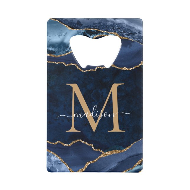 Trendy Navy Blue Gold Glitter Agate Geode Monogram Credit Card Bottle Opener (Front)