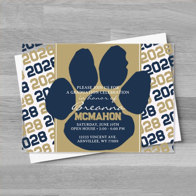 Trendy Navy Blue & Gold Graduation Pawprint Clear Acrylic Invitations (Navy Blue and Bronze Frosted Acrylic Pawprint Graduation Invitation)