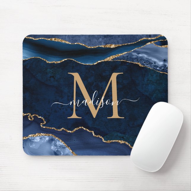 Trendy Navy Blue Gold Sparkle Agate Geode Monogram Mouse Pad (With Mouse)