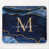 Trendy Navy Blue Gold Sparkle Agate Geode Monogram Mouse Pad (Front)