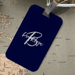 Trendy Navy Blue Grey White Script Monogram  Luggage Tag<br><div class="desc">This elegant personalized luggage tag feature a monogram and first name in modern grey and white script on a navy blue background.</div>