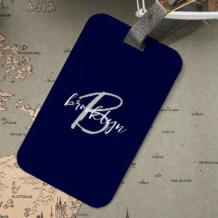 Trendy Navy Blue Grey White Script Monogram  Luggage Tag
