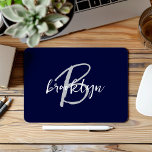 Trendy Navy Blue Grey White Script Monogram  Mouse Pad<br><div class="desc">This elegant personalized mouse pad features a monogram and first name in modern grey and white script on a navy blue background.</div>