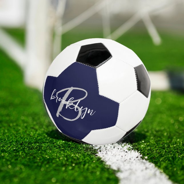 Trendy Navy Blue Grey White Script Monogram  Soccer Ball (Creator Uploaded)
