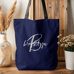 Trendy Navy Blue Grey White Script Monogram Tote Bag