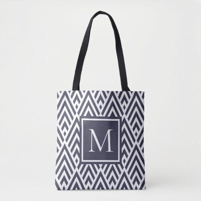 Trendy Navy Blue Monogram Arrow Diamond Pattern Tote Bag (Front)