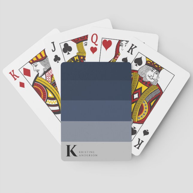 Trendy Navy Blue Ombre Grey Classic Monogram Playing Cards (Back)