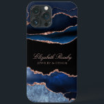 Trendy Navy Blue Rose Gold Black Business iPhone 13 Pro Max Case<br><div class="desc">Modern Elegant Navy Blue Rose Gold Black Business iPhone Case. Gorgeous versatile design featuring on trend navy blue agate geode watercolor style abstract art with rose gold glitter accents. Background is shown in Black with customizable text shown in rose gold blush pink colour. Personalize with your business name and title...</div>