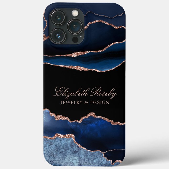 Trendy Navy Blue Rose Gold Black Business Case-Mate iPhone Case (Back)