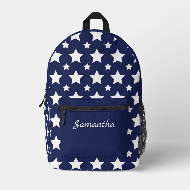 Trendy Navy Blue & White Stars Personalized Printed Backpack (Front)