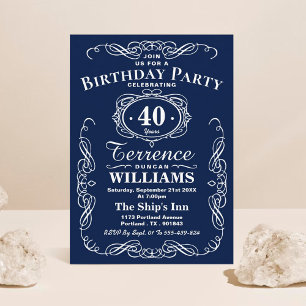 Trendy Navy Blue & White Typography Birthday Party Invitation