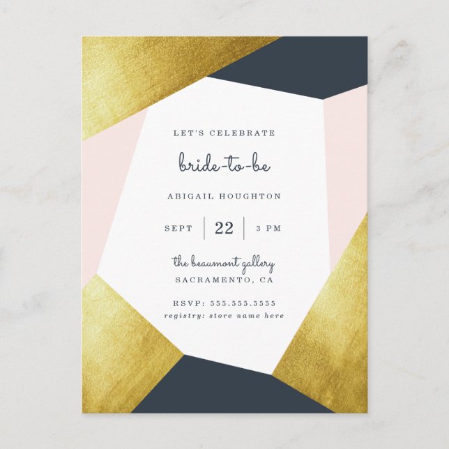 Trendy Navy, Blush & Gold Geometric Bridal Shower Invitation Postcard (Front)
