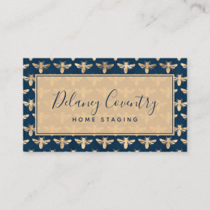 Trendy Navy & Gold Bees Professional Business Card