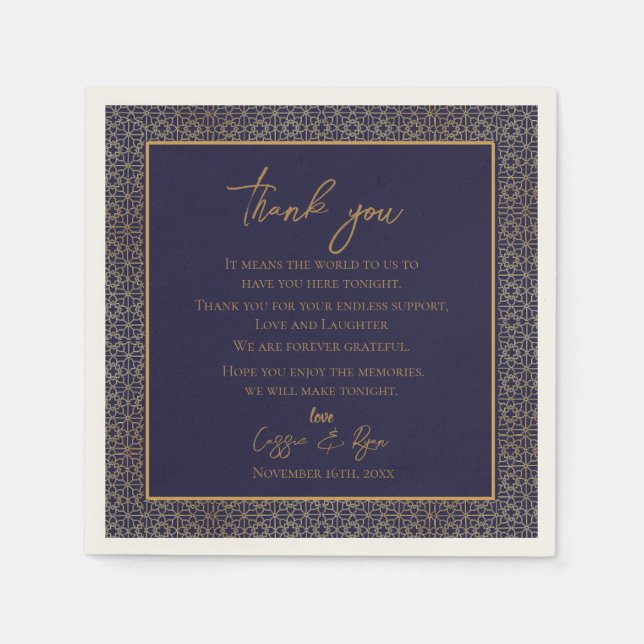 Trendy Navy Gold Design Wedding Thank you Message Napkin (Front)