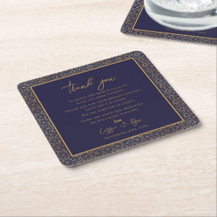 Trendy Navy Gold Design Wedding Thank you Message Square Paper Coaster