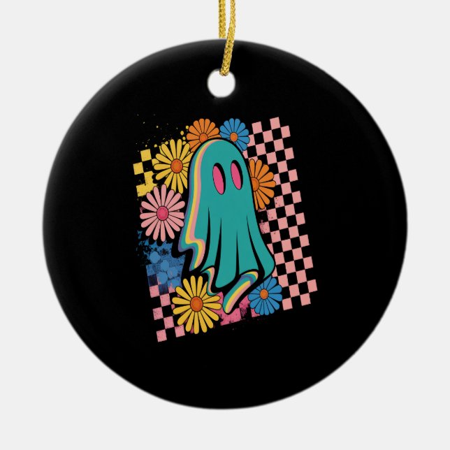 Trendy Neon Floral Ghost Halloween Ceramic Ornament (Front)