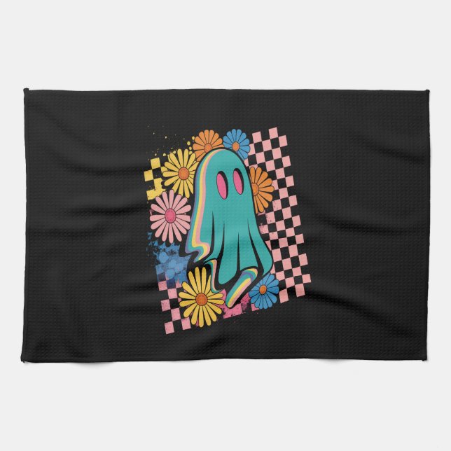 Trendy Neon Floral Ghost Halloween Kitchen Towel (Horizontal)