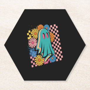 Trendy Neon Floral Ghost Halloween Paper Coaster