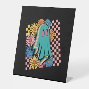 Trendy Neon Floral Ghost Halloween Pedestal Sign