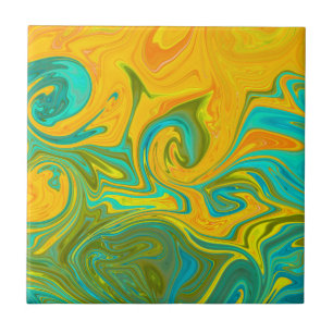 Trendy Neon Yellow Orange Green Abstract Swirl Tile