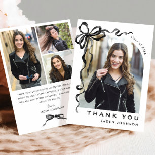 Trendy Neutral Black Bow Ribbon 4 PHOTO Graduation Thank You Card