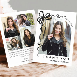 Trendy Neutral Black Bow Ribbon 5 PHOTO Graduation Thank You Card
