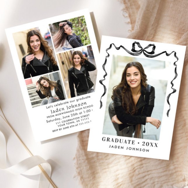 Trendy Neutral Bow Ribbon 5 PHOTO Graduation Party Invitation (Creator Uploaded)