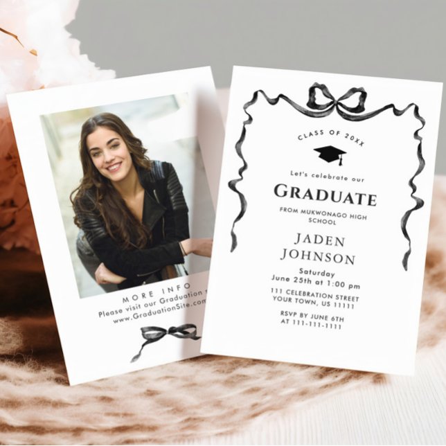 Trendy Neutral Bow Ribbon PHOTO Graduation Party Invitation (Creator Uploaded)
