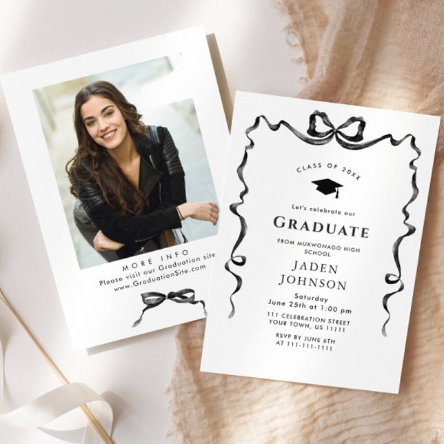 Trendy Neutral Bow Ribbon PHOTO Graduation Party Invitation (Creator Uploaded)