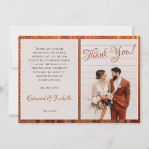 Trendy Newlyweds Wedding Photo Faux Copper Frame Thank You Card