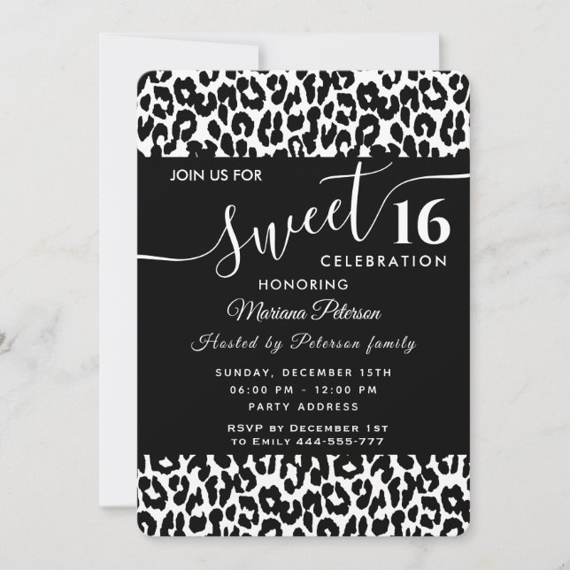 Trendy noir blanc léopard doux 16 invitation (Devant)
