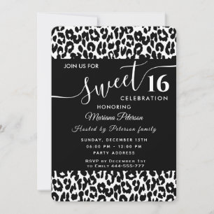 Trendy noir blanc léopard doux 16 invitation