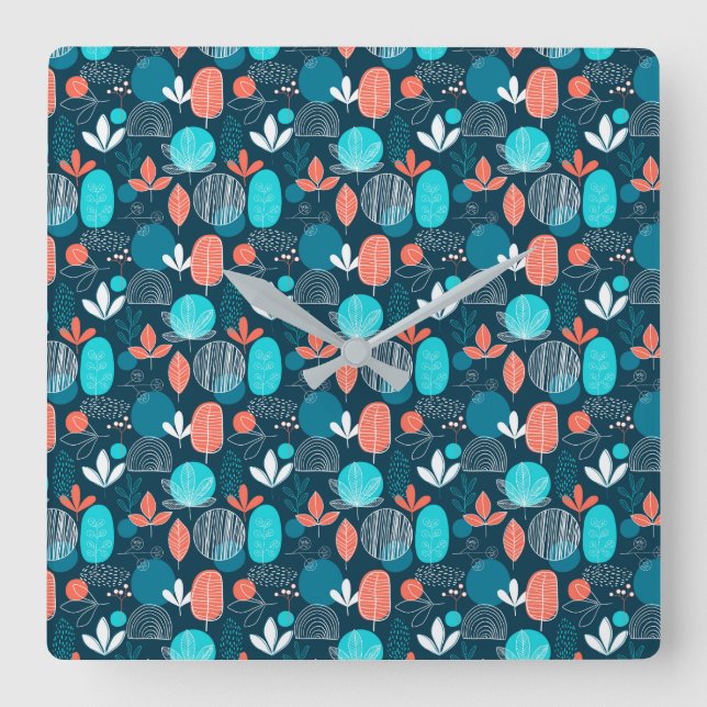 Trendy Nordic dusty blue navy copper rust floral Square Wall Clock (Front)