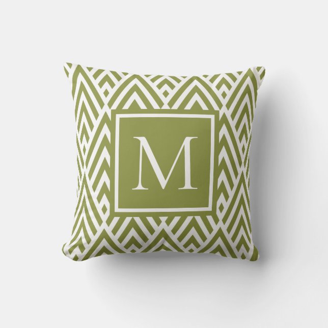 Trendy Olive Green Monogram Arrow Diamond Pattern Throw Pillow (Front)