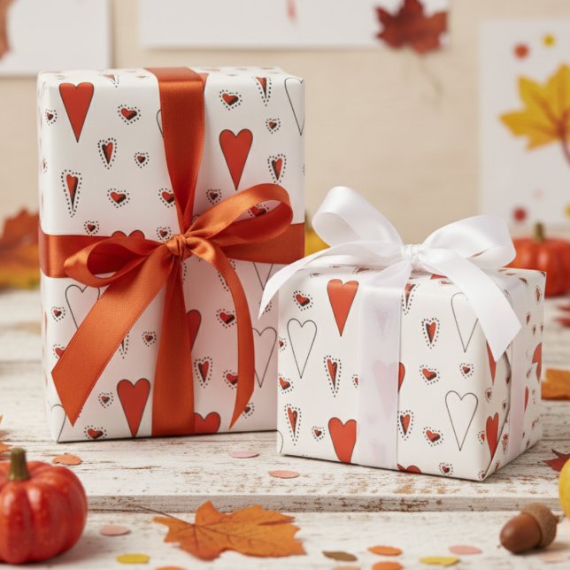 Trendy Orange and Black Cute Heart Pattern Wrapping Paper (Cute Fall Thanksgiving & Autumn Birthday Wrapping Paper for Kids. Cute Dark Orange Hearts Pattern )