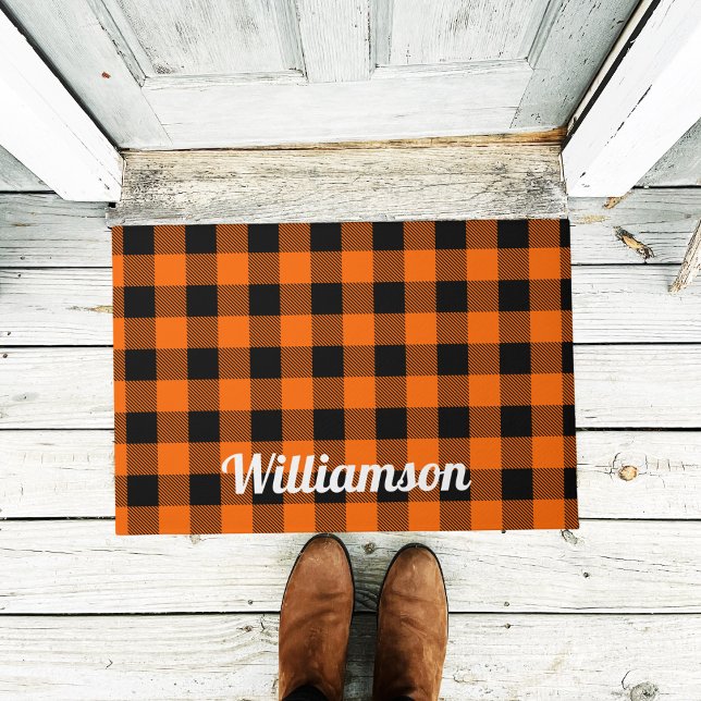 Trendy Orange Autumn Halloween Buffalo Plaid Doormat (Creator Uploaded)