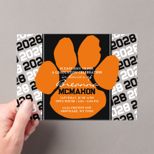 Trendy Orange & Black Graduation Pawprint Clear Acrylic Invitations