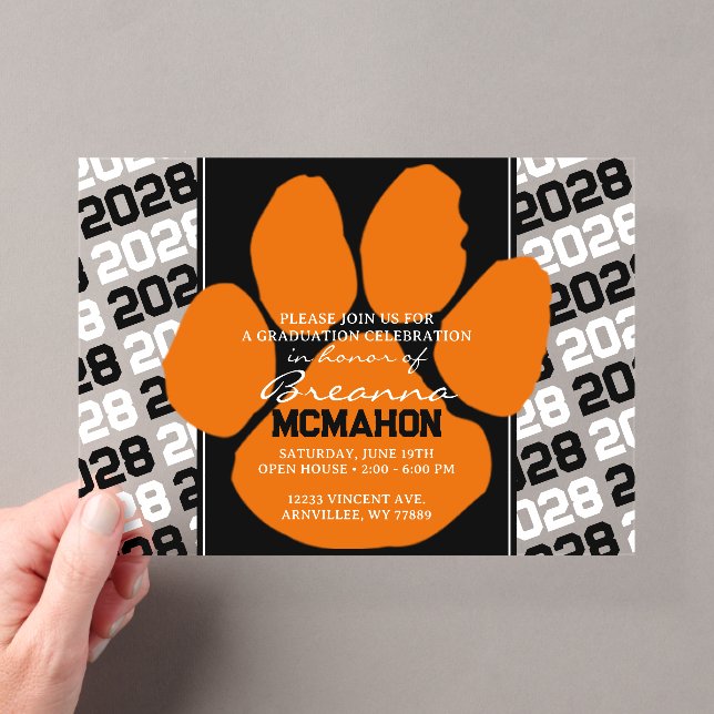Trendy Orange & Black Graduation Pawprint Clear Acrylic Invitations (Insitu (Handheld))